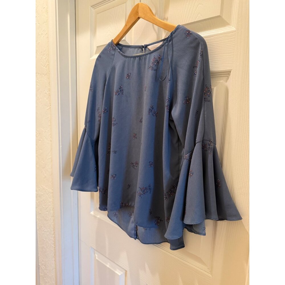 Blue Bell Sleeve Floral Embroidered Blouse With Split Back Womens S Lightweight